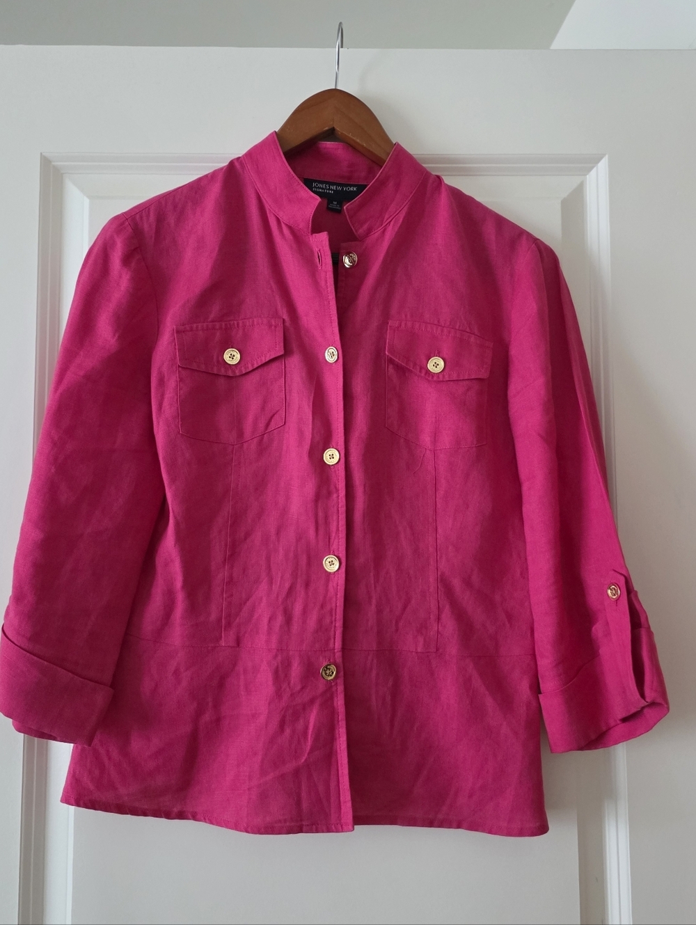 Jones New York 100% Linen Button Up Pocket Shirt/Jacket Womens M Pink Preppy